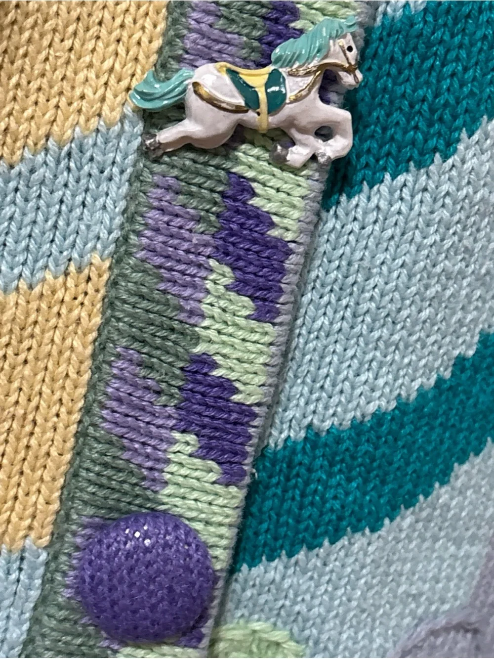 RARE Vintage Storybook Knits Women's MED Blue Purple Carousel Horses Cardigan - Picture 7 of 16